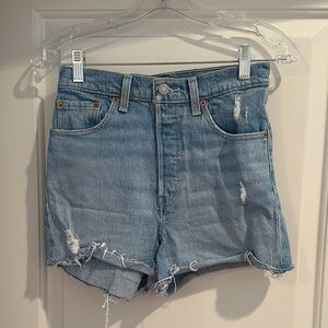 Distressed Levi’s Ribcage Denim Shorts